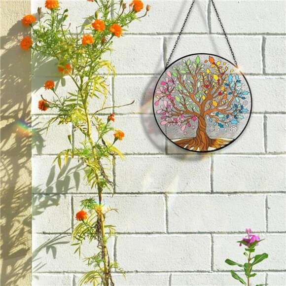 Big Size Tree of Life Stained Glass Suncatcher Four Season Theme Colorful Leaves - Picture 2 of 7